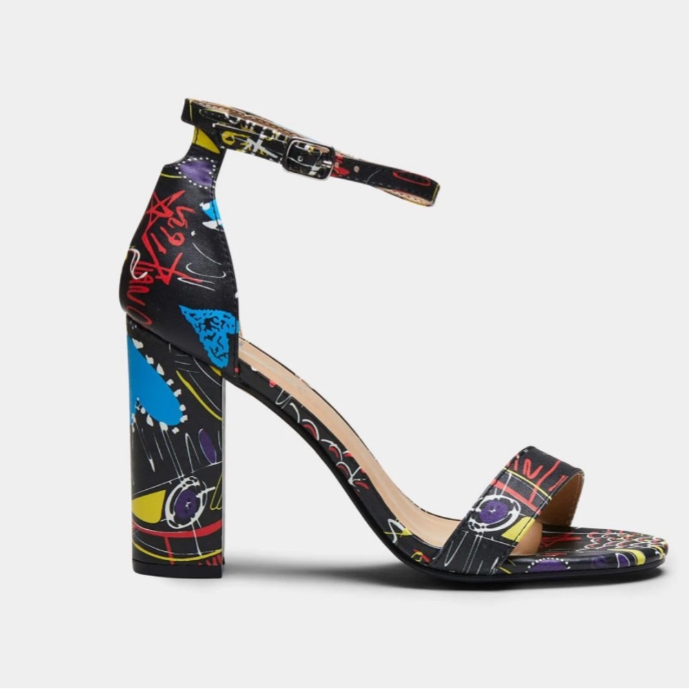Graffiti Print Block Heel Sandals